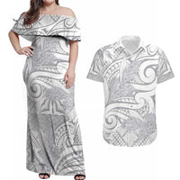 Lotu Tamaiti Samoa Siapo Couples Matching Off Shoulder Maxi Dress and Hawaiian Shirt White Sunday With Teuila Torch Ginger LT9 White - Polynesian Pride