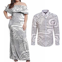 Lotu Tamaiti Samoa Siapo Couples Matching Off Shoulder Maxi Dress and Long Sleeve Button Shirt White Sunday With Teuila Torch Ginger LT9 White - Polynesian Pride