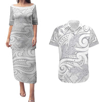 Lotu Tamaiti Samoa Siapo Couples Matching Puletasi and Hawaiian Shirt White Sunday With Teuila Torch Ginger LT9 White - Polynesian Pride