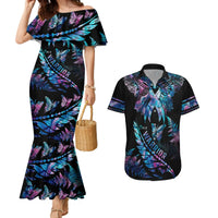 Polynesia Ribbon Butterflies Couples Matching Mermaid Dress and Hawaiian Shirt Silver Fern Breast Cancer With Papua Shell Pattern LT9 Black - Polynesian Pride