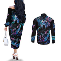 Polynesia Ribbon Butterflies Couples Matching Off The Shoulder Long Sleeve Dress and Long Sleeve Button Shirts Silver Fern Breast Cancer With Papua Shell Pattern LT9 - Polynesian Pride