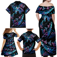 Polynesia Ribbon Butterflies Family Matching Off Shoulder Long Sleeve Dress and Hawaiian Shirt Silver Fern Breast Cancer With Papua Shell Pattern LT9 - Polynesian Pride