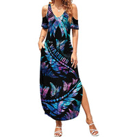 Polynesia Ribbon Butterflies Family Matching Summer Maxi Dress and Hawaiian Shirt Silver Fern Breast Cancer With Papua Shell Pattern LT9 Mom's Dress Black - Polynesian Pride