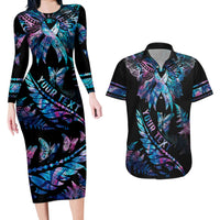 Personalised Polynesia Ribbon Butterflies Couples Matching Long Sleeve Bodycon Dress and Hawaiian Shirt Silver Fern Breast Cancer With Papua Shell Pattern LT9 Black - Polynesian Pride