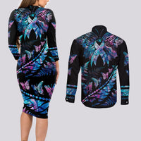 Personalised Polynesia Ribbon Butterflies Couples Matching Long Sleeve Bodycon Dress and Long Sleeve Button Shirts Silver Fern Breast Cancer With Papua Shell Pattern LT9 - Polynesian Pride