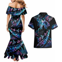 Personalised Polynesia Ribbon Butterflies Couples Matching Mermaid Dress and Hawaiian Shirt Silver Fern Breast Cancer With Papua Shell Pattern LT9 - Polynesian Pride