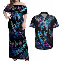 Personalised Polynesia Ribbon Butterflies Couples Matching Off Shoulder Maxi Dress and Hawaiian Shirt Silver Fern Breast Cancer With Papua Shell Pattern LT9 Black - Polynesian Pride