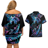 Personalised Polynesia Ribbon Butterflies Couples Matching Off Shoulder Short Dress and Hawaiian Shirt Silver Fern Breast Cancer With Papua Shell Pattern LT9 - Polynesian Pride