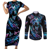 Personalised Polynesia Ribbon Butterflies Couples Matching Short Sleeve Bodycon Dress and Long Sleeve Button Shirts Silver Fern Breast Cancer With Papua Shell Pattern LT9 Black - Polynesian Pride