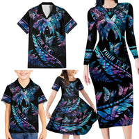 Personalised Polynesia Ribbon Butterflies Family Matching Long Sleeve Bodycon Dress and Hawaiian Shirt Silver Fern Breast Cancer With Papua Shell Pattern LT9 - Polynesian Pride