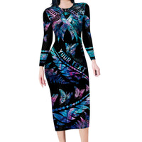 Personalised Polynesia Ribbon Butterflies Family Matching Long Sleeve Bodycon Dress and Hawaiian Shirt Silver Fern Breast Cancer With Papua Shell Pattern LT9 Mom's Dress Black - Polynesian Pride
