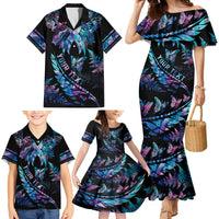 Personalised Polynesia Ribbon Butterflies Family Matching Mermaid Dress and Hawaiian Shirt Silver Fern Breast Cancer With Papua Shell Pattern LT9 - Polynesian Pride