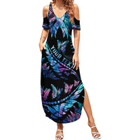 Personalised Polynesia Ribbon Butterflies Family Matching Summer Maxi Dress and Hawaiian Shirt Silver Fern Breast Cancer With Papua Shell Pattern LT9 Mom's Dress Black - Polynesian Pride