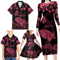 Personalised Polynesian Turtle Ribbon Family Matching Long Sleeve Bodycon Dress and Hawaiian Shirt Think Pink Breast Cancer With Pacific Hibiscus LT9 - Polynesian Pride