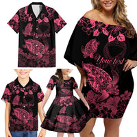 Personalised Polynesian Turtle Ribbon Family Matching Off Shoulder Short Dress and Hawaiian Shirt Think Pink Breast Cancer With Pacific Hibiscus LT9 - Polynesian Pride