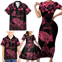 Personalised Polynesian Turtle Ribbon Family Matching Short Sleeve Bodycon Dress and Hawaiian Shirt Think Pink Breast Cancer With Pacific Hibiscus LT9 - Polynesian Pride