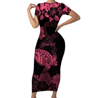 Personalised Polynesian Turtle Ribbon Family Matching Short Sleeve Bodycon Dress and Hawaiian Shirt Think Pink Breast Cancer With Pacific Hibiscus LT9 Mom's Dress Pink - Polynesian Pride