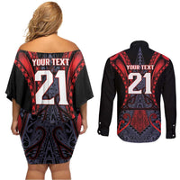 Custom New Zealand Couples Matching Off Shoulder Short Dress and Long Sleeve Button Shirt Maori Kiwiana Pattern Tukutuku Motif LT9 - Polynesian Pride