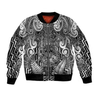 Custom New Zealand Taiaha Maori Bomber Jacket Kiwikiwi Minimalist Silver Fern Tukutuku Motif LT9 Unisex White - Polynesian Pride