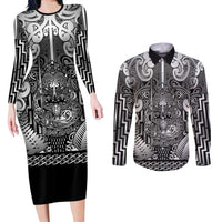 Custom New Zealand Taiaha Maori Couples Matching Long Sleeve Bodycon Dress and Long Sleeve Button Shirt Kiwikiwi Minimalist Silver Fern Tukutuku Motif LT9 White - Polynesian Pride