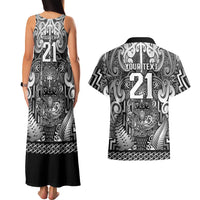 Custom New Zealand Taiaha Maori Couples Matching Tank Maxi Dress and Hawaiian Shirt Kiwikiwi Minimalist Silver Fern Tukutuku Motif LT9 - Polynesian Pride