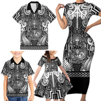 Custom New Zealand Taiaha Maori Family Matching Short Sleeve Bodycon Dress and Hawaiian Shirt Kiwikiwi Minimalist Silver Fern Tukutuku Motif LT9 - Polynesian Pride