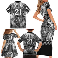 Custom New Zealand Taiaha Maori Family Matching Short Sleeve Bodycon Dress and Hawaiian Shirt Kiwikiwi Minimalist Silver Fern Tukutuku Motif LT9 - Polynesian Pride