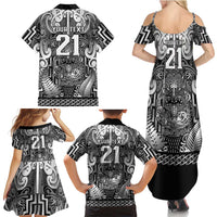 Custom New Zealand Taiaha Maori Family Matching Summer Maxi Dress and Hawaiian Shirt Kiwikiwi Minimalist Silver Fern Tukutuku Motif LT9 - Polynesian Pride