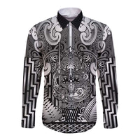 Custom New Zealand Taiaha Maori Long Sleeve Button Shirt Kiwikiwi Minimalist Silver Fern Tukutuku Motif LT9 Unisex White - Polynesian Pride