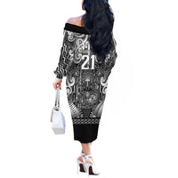 Custom New Zealand Taiaha Maori Off The Shoulder Long Sleeve Dress Kiwikiwi Minimalist Silver Fern Tukutuku Motif LT9 - Polynesian Pride