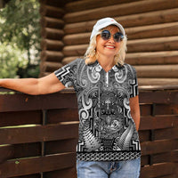 Custom New Zealand Taiaha Maori Women Polo Shirt Kiwikiwi Minimalist Silver Fern Tukutuku Motif LT9 - Polynesian Pride