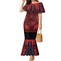 Custom New Zealand Taiaha Maori Family Matching Mermaid Dress and Hawaiian Shirt Whero Minimalist Silver Fern Tukutuku Motif LT9 Mom's Dress Red - Polynesian Pride