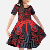 Custom New Zealand Taiaha Maori Family Matching Off The Shoulder Long Sleeve Dress and Hawaiian Shirt Whero Minimalist Silver Fern Tukutuku Motif LT9 Daughter's Dress Red - Polynesian Pride