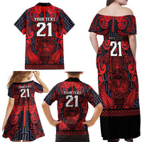 Custom New Zealand Taiaha Maori Family Matching Off Shoulder Maxi Dress and Hawaiian Shirt Whero Minimalist Silver Fern Tukutuku Motif LT9 - Polynesian Pride