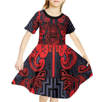 Custom New Zealand Taiaha Maori Kid Short Sleeve Dress Whero Minimalist Silver Fern Tukutuku Motif LT9 - Polynesian Pride