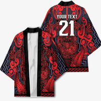 Custom New Zealand Taiaha Maori Kimono Whero Minimalist Silver Fern Tukutuku Motif LT9 - Polynesian Pride
