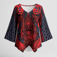 Custom New Zealand Taiaha Maori Kimono Sleeve Blouse Whero Minimalist Silver Fern Tukutuku Motif LT9 Female Red - Polynesian Pride