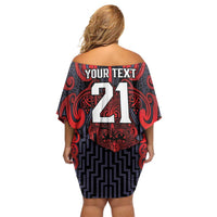 Custom New Zealand Taiaha Maori Off Shoulder Short Dress Whero Minimalist Silver Fern Tukutuku Motif LT9 - Polynesian Pride