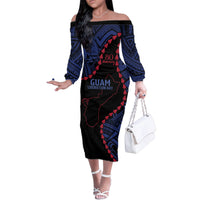 Personalized Guam 80th Anniversary Liberation Day Family Matching Off The Shoulder Long Sleeve Dress and Hawaiian Shirt Guahan Basic Seal LT9 Mom's Dress Black - Polynesian Pride