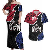 Personalized Guam 80th Anniversary Liberation Day Couples Matching Off Shoulder Maxi Dress and Hawaiian Shirt Tano I Man Chamoru Since 1944 LT9 Black - Polynesian Pride