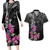 Guahan Puti Tai Nobiu Couples Matching Long Sleeve Bodycon Dress and Hawaiian Shirt Guam Bougainvillea Flower Art LT9 Black - Polynesian Pride