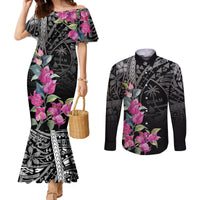 Guahan Puti Tai Nobiu Couples Matching Mermaid Dress and Long Sleeve Button Shirt Guam Bougainvillea Flower Art LT9 Black - Polynesian Pride
