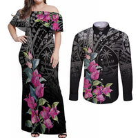Guahan Puti Tai Nobiu Couples Matching Off Shoulder Maxi Dress and Long Sleeve Button Shirt Guam Bougainvillea Flower Art LT9 Black - Polynesian Pride