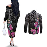Guahan Puti Tai Nobiu Couples Matching Off The Shoulder Long Sleeve Dress and Long Sleeve Button Shirt Guam Bougainvillea Flower Art LT9 - Polynesian Pride