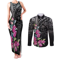 Guahan Puti Tai Nobiu Couples Matching Tank Maxi Dress and Long Sleeve Button Shirt Guam Bougainvillea Flower Art LT9 Black - Polynesian Pride