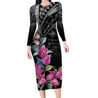 Guahan Puti Tai Nobiu Family Matching Long Sleeve Bodycon Dress and Hawaiian Shirt Guam Bougainvillea Flower Art LT9 Mom's Dress Black - Polynesian Pride