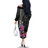 Guahan Puti Tai Nobiu Family Matching Off The Shoulder Long Sleeve Dress and Hawaiian Shirt Guam Bougainvillea Flower Art LT9 - Polynesian Pride