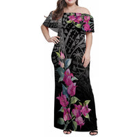 Guahan Puti Tai Nobiu Family Matching Off Shoulder Maxi Dress and Hawaiian Shirt Guam Bougainvillea Flower Art LT9 Mom's Dress Black - Polynesian Pride