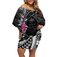 Guahan Puti Tai Nobiu Family Matching Off Shoulder Short Dress and Hawaiian Shirt Guam Bougainvillea Flower Art LT9 Mom's Dress Black - Polynesian Pride
