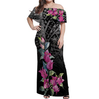 Guahan Puti Tai Nobiu Off Shoulder Maxi Dress Guam Bougainvillea Flower Art LT9 Women Black - Polynesian Pride